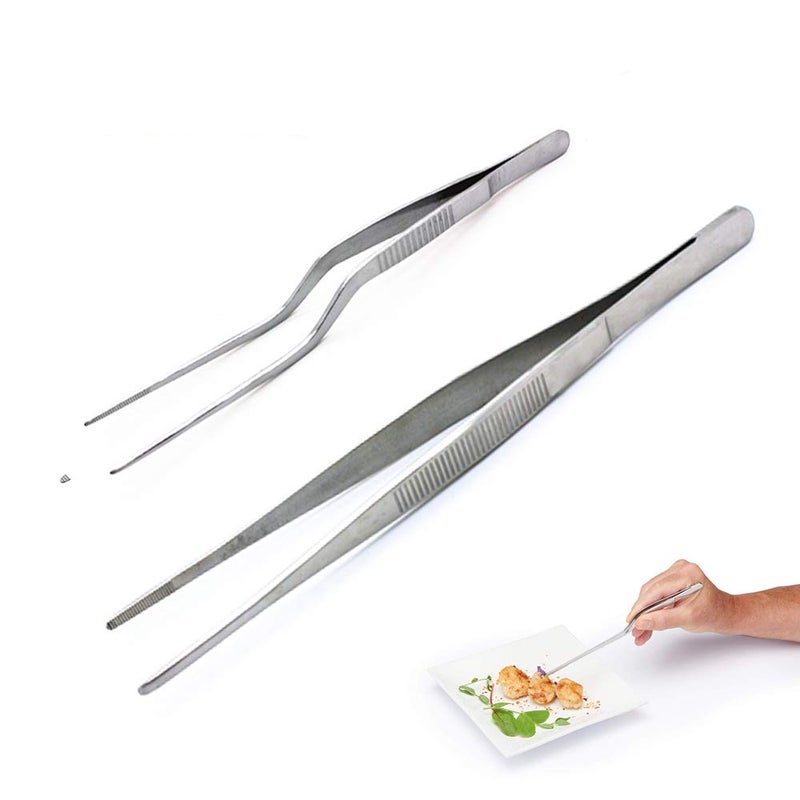 2Piece Stainless Steel Kitchen and Culinary Cooking Tweezers SetPrecision Serrated Tips Chefs Tongs for Cooking Food DesignGarnishCake Decorating