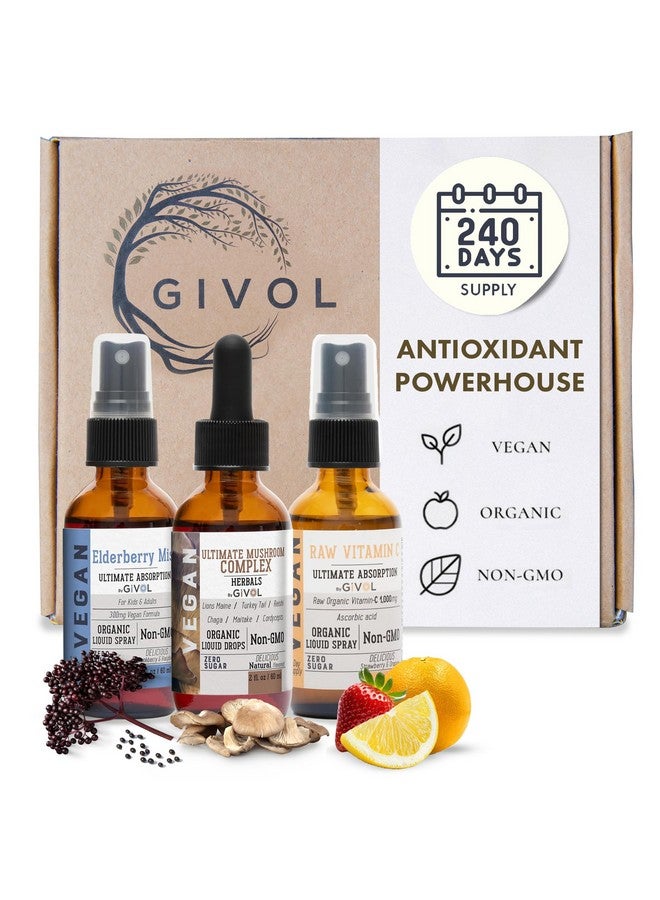 GIVOL Antioxidant Powerhouse Bundle - Elderberry, Raw Vitamin C, Mushroom Complex - Nutriments, Phytonutrients & Cognitive Well-Being All in One Package - Multivitamins - 2 Fl Oz - 240 Days Supply - Image 1