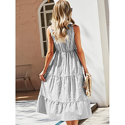 BROVAVE Womens 2025 Summer Sleeveless Shirt Dress Collar Striped V Neck Casual Midi Dresses(Gray, L) - Image 3
