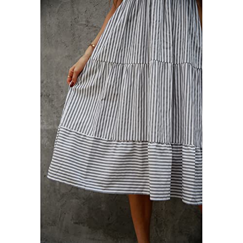 BROVAVE Womens 2025 Summer Sleeveless Shirt Dress Collar Striped V Neck Casual Midi Dresses(Gray, L) - Image 5