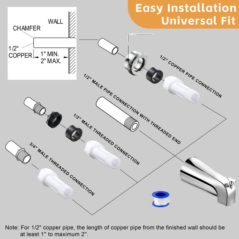 Dreyoo Tub Spout (Universal Fits 1/2" Copper Pipe, 1/2" IPS and 3/4" IPS), Bathroom Bathtub Faucet with Adapters and Hex Wrench (Chrome,Simple) - Image 5