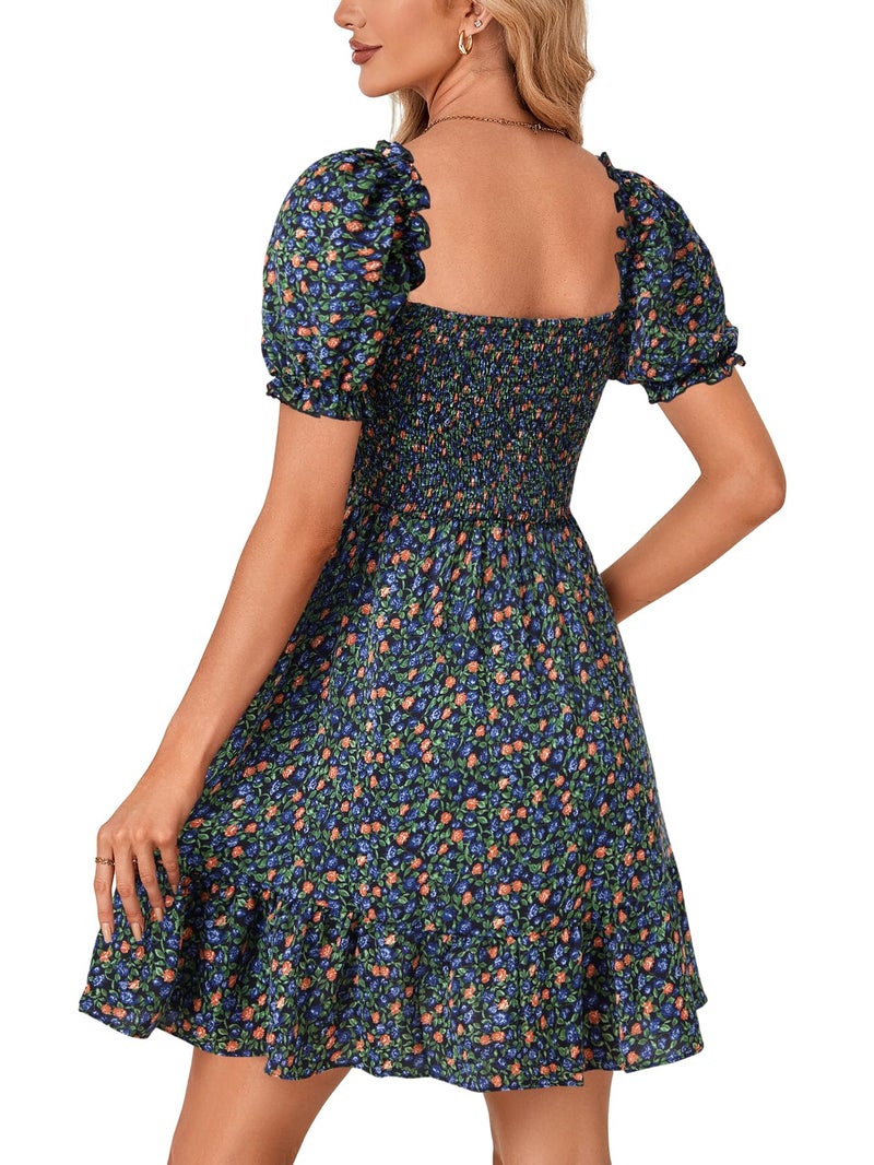 Rooscier Women's Summer Boho Square Neck Floral Print Smocked Ruffle Swing Beach Mini Dress Orange Floral Medium - Image 5