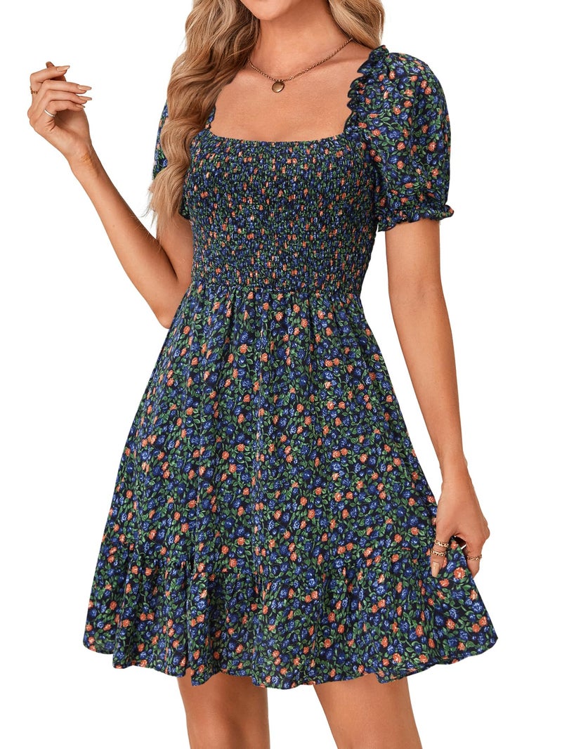 Rooscier Women's Summer Boho Square Neck Floral Print Smocked Ruffle Swing Beach Mini Dress Orange Floral Medium - Image 3