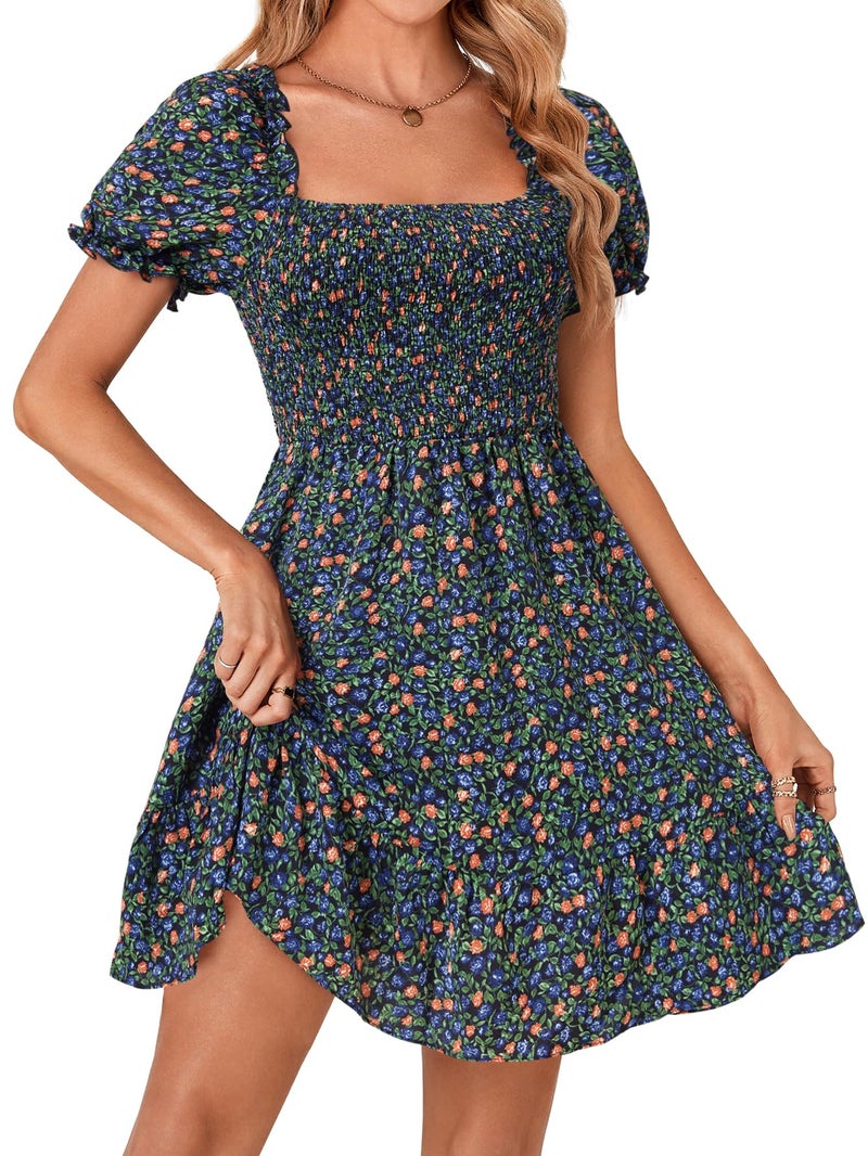 Rooscier Women's Summer Boho Square Neck Floral Print Smocked Ruffle Swing Beach Mini Dress Orange Floral Medium - Image 4