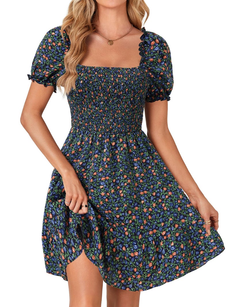 Rooscier Women's Summer Boho Square Neck Floral Print Smocked Ruffle Swing Beach Mini Dress Orange Floral Medium - Image 1