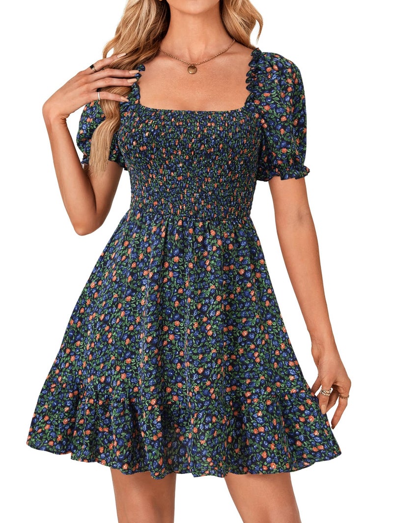 Rooscier Women's Summer Boho Square Neck Floral Print Smocked Ruffle Swing Beach Mini Dress Orange Floral Medium - Image 2