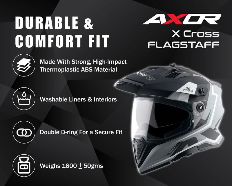 Axor X-Cross Flagstaff ISI ECE and DOT Certified Premium Off-Road Full Face Helmet with Pinlock Fitted Dual Visors and Stylish Peak-Dull Nardo Grey Black-L - Image 3