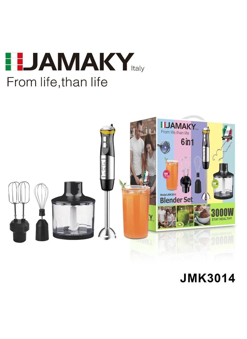Jamaky Italy - خلاط يدوي جاماكي 6 في 1 بقوة 3000 واط من الفولاذ المقاوم للصدأ مع سرعات ومتعدد الوظائف - ضمان عام - jmk 3014- ايطالي - Image 1