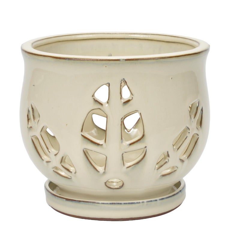 w w W&W Orchid Pot with Holes and Saucer for Repotting and Better Grow, Cream White, 6.5" - Image 2