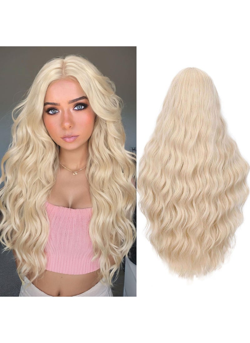 Fancy Hair Fancy Hair Platinum Blonde Long Wavy Wig Long Blonde Synthetic Middle Part Curly Wavy Wig for Women Daily Halloween Cosplay 28 Inches 