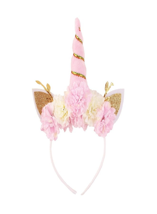 Nishine Unicorn Crown Headband Artifical Flower Glitter Horn Headbands for Birthday Cosplay Decor (Fluffy Pink) - Image 1