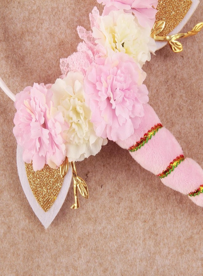 Nishine Unicorn Crown Headband Artifical Flower Glitter Horn Headbands for Birthday Cosplay Decor (Fluffy Pink) - Image 5