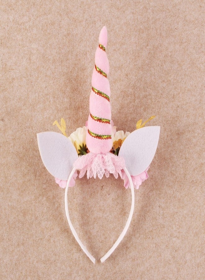 Nishine Unicorn Crown Headband Artifical Flower Glitter Horn Headbands for Birthday Cosplay Decor (Fluffy Pink) - Image 3