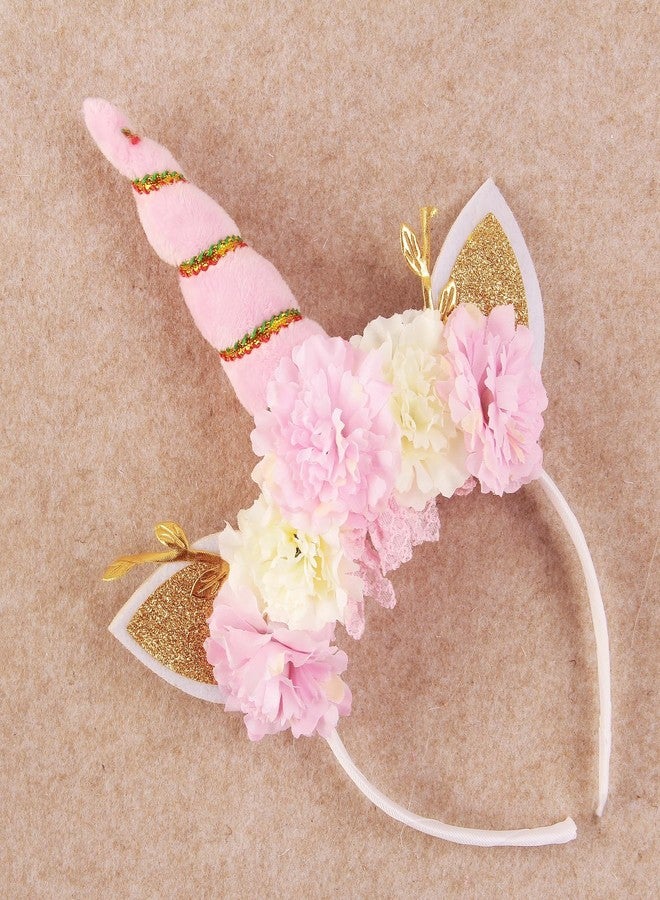 Nishine Unicorn Crown Headband Artifical Flower Glitter Horn Headbands for Birthday Cosplay Decor (Fluffy Pink) - Image 2