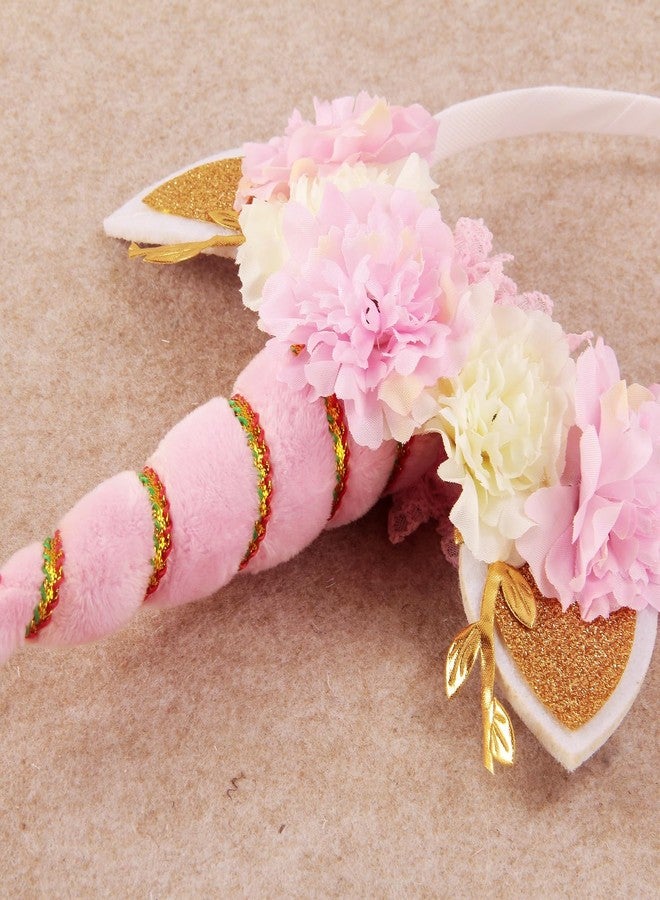 Nishine Unicorn Crown Headband Artifical Flower Glitter Horn Headbands for Birthday Cosplay Decor (Fluffy Pink) - Image 4