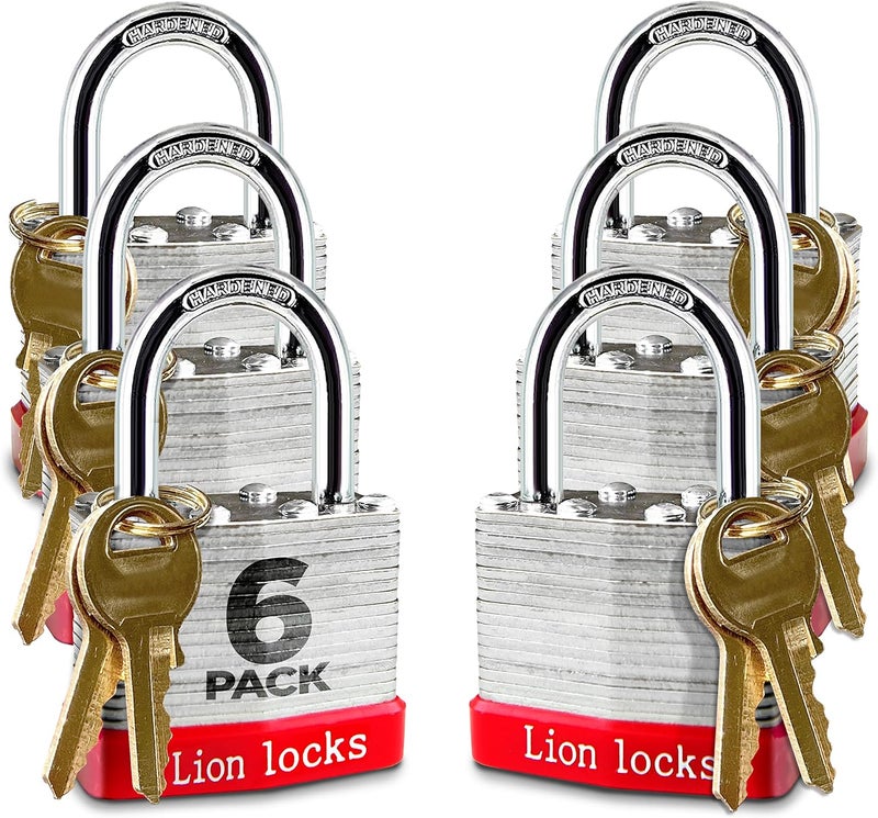 Lion Locks 6 Keyed-Alike Padlocks w/ 1.25” Shackle, 12 Keys, Hardened Steel Case, Brass Cylinder (6-Pack) - for Hasp Latch, Sheds, Fences, Storage Locker, School, Gym - Image 1