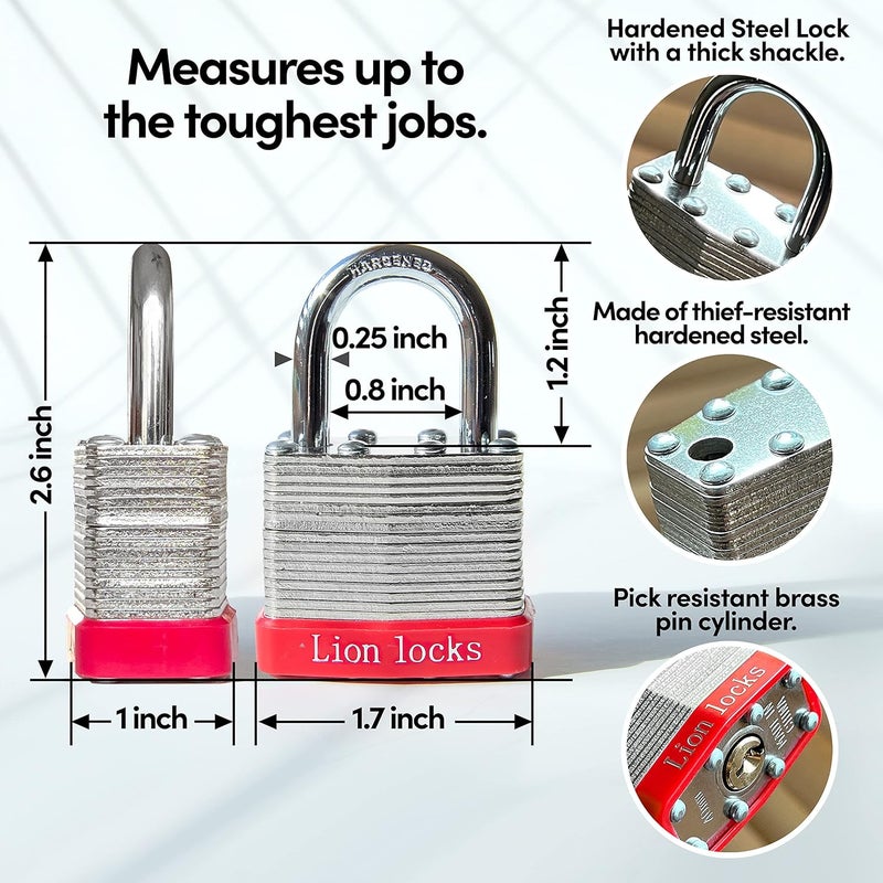 Lion Locks 6 Keyed-Alike Padlocks w/ 1.25” Shackle, 12 Keys, Hardened Steel Case, Brass Cylinder (6-Pack) - for Hasp Latch, Sheds, Fences, Storage Locker, School, Gym - Image 2