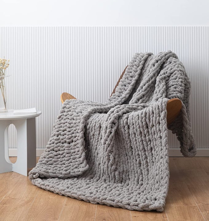 CHUNKY KNIT BLANKET SOFT CHENILLE YARN KNITTED THROW BLANKET 50X60 HANDMADE CABLE WARM THICK GIANT BLANKET FOR COUCH BED TRIPS LIGHT GREY THROW 50X60