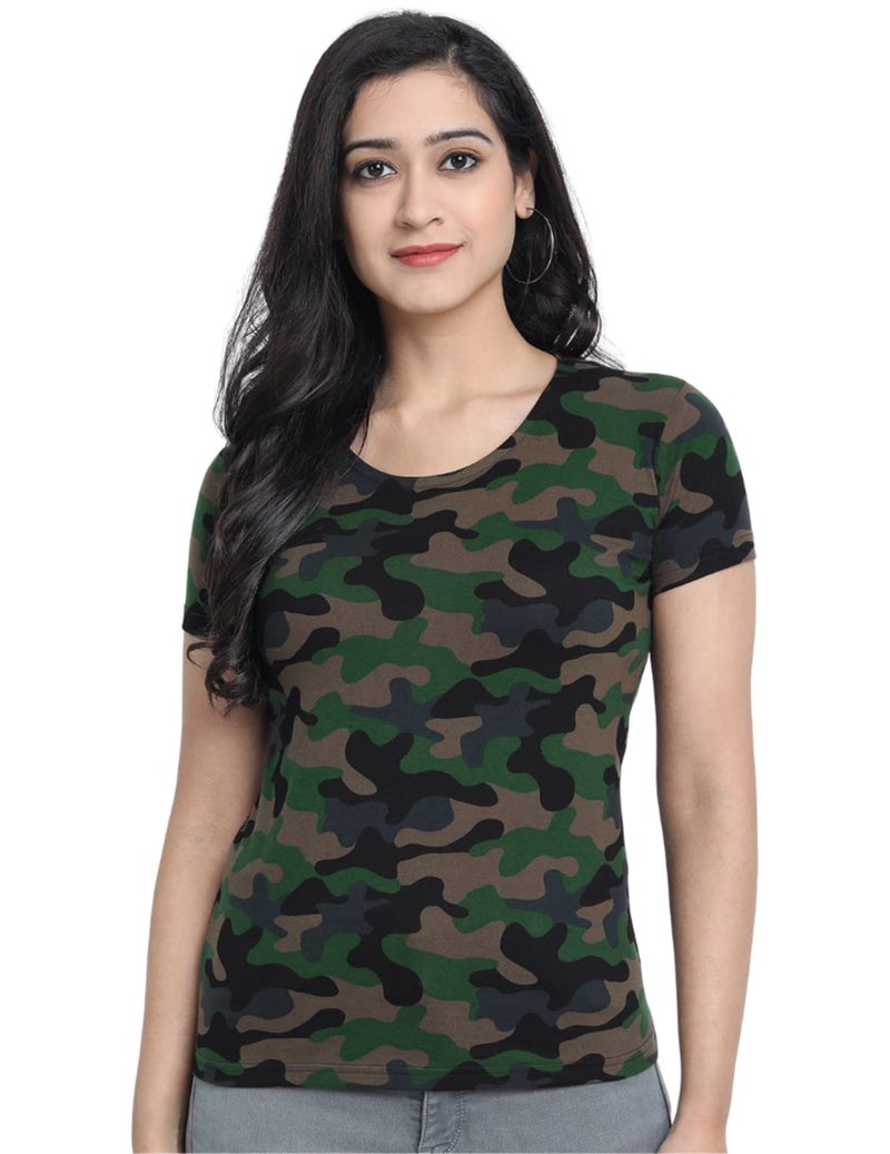 Veirdo 100% Cotton Round Neck Half Sleeves Regular Fit Camoflauge T-Shirt for Women/Girls (TSH_99GL_CAMO) - Image 5