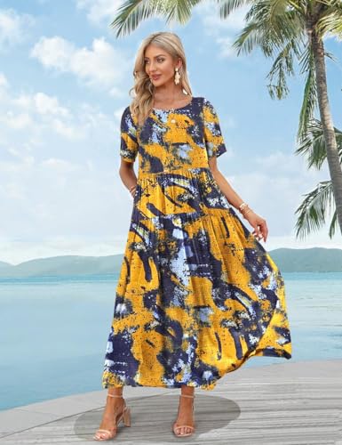YESNO Women Casual Loose Bohemian Floral Dress with Pockets Short Sleeve Long Maxi Summer Beach Swing Dress XL EJF CR141 - Image 3