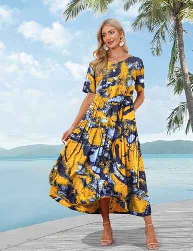 YESNO Women Casual Loose Bohemian Floral Dress with Pockets Short Sleeve Long Maxi Summer Beach Swing Dress XL EJF CR141 - Image 2