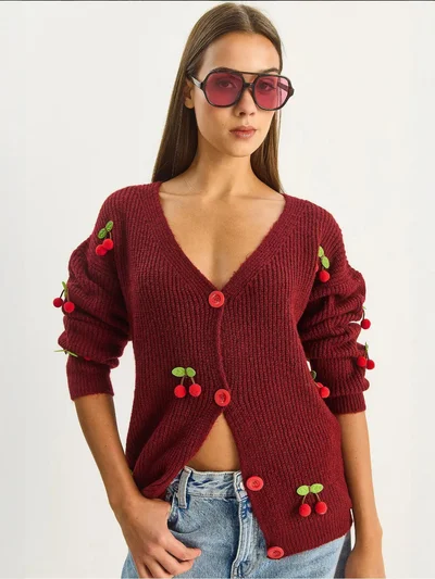 Bianco Lucci LUCCI V-Neck Fruit Embroidered Knitwear Cardigan