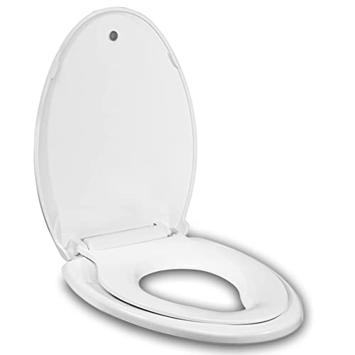 JINGZE Elongated Toilet Seat Built-In Potty Training Seat, Soft Quiet Close Non-Slip Seat, Easy to Install & Clean,Magnetic Kids Seat and Cover for Elongated Oval Toilets,White - Image 1