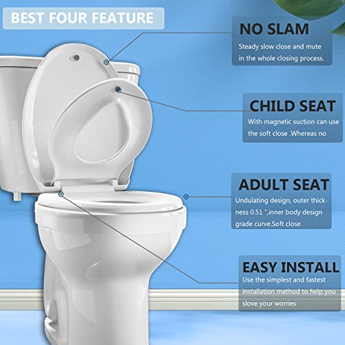 JINGZE Elongated Toilet Seat Built-In Potty Training Seat, Soft Quiet Close Non-Slip Seat, Easy to Install & Clean,Magnetic Kids Seat and Cover for Elongated Oval Toilets,White - Image 2