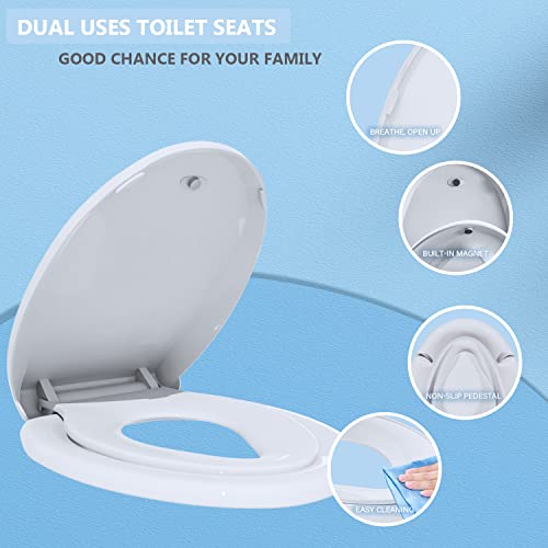 JINGZE Elongated Toilet Seat Built-In Potty Training Seat, Soft Quiet Close Non-Slip Seat, Easy to Install & Clean,Magnetic Kids Seat and Cover for Elongated Oval Toilets,White - Image 3
