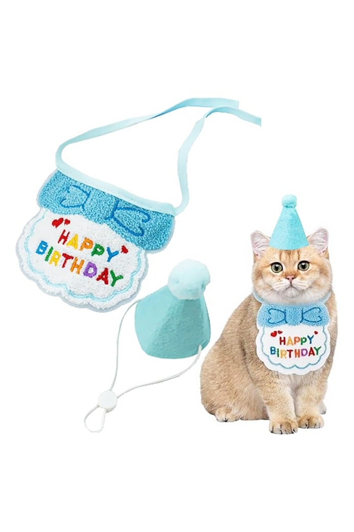 2 PCS Cat Birthday Hat Cat Costume Accessories Blue Cat Birthday Gift Decorations Set with Soft Scarf Adorable Hat - Image 1