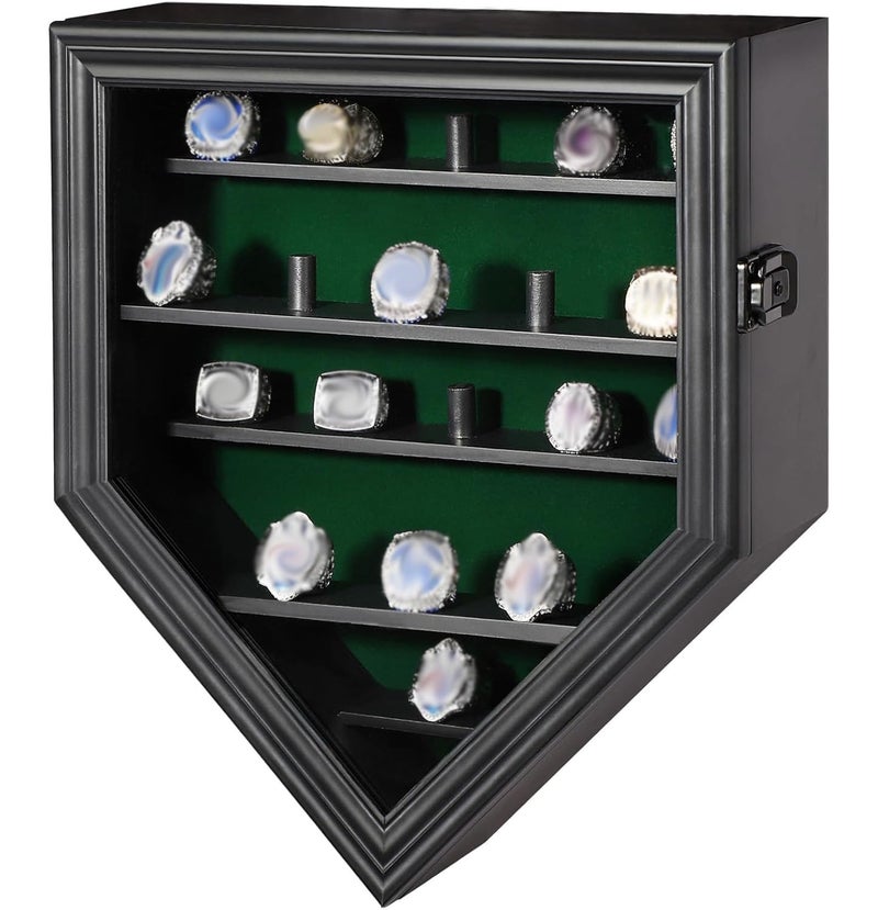 Grintus Championship Ring Display Case19 Slots Baseball Ring Display Holder Case Wall Mount Wooden Trophy Ring Organizer Box with Lockable Real Glass Door for Collection Sports Champion Rings Black