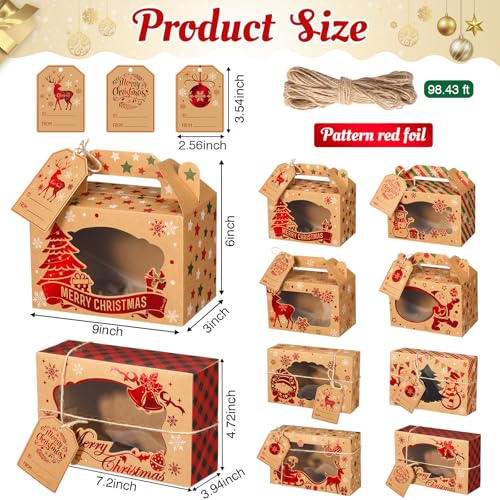 Cinnvoice 24 Pcs Foiled Christmas Cookie Boxes with Window Christmas Kraft Treat Boxes and Tags Strings Assorted Size Holiday Bakery Containers Bulk for Xmas Party Doughnut Candy Cupcakes - Image 3