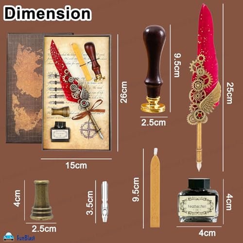 FunBlast Quill Pen and Ink Set - 10 Pcs Antique Calligraphy Feather Pen Set, Feather Pen Ink Set, Vintage Calligraphy Set for Signature & Art (Red) - Image 3