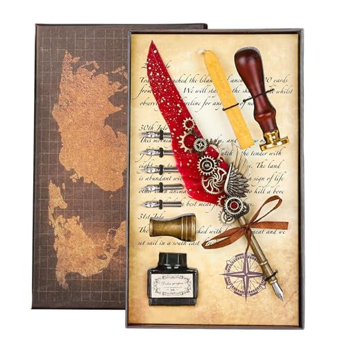 FunBlast Quill Pen and Ink Set - 10 Pcs Antique Calligraphy Feather Pen Set, Feather Pen Ink Set, Vintage Calligraphy Set for Signature & Art (Red) - Image 1