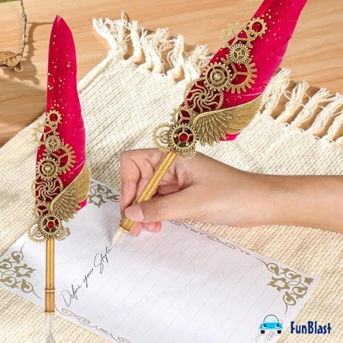 FunBlast Quill Pen and Ink Set - 10 Pcs Antique Calligraphy Feather Pen Set, Feather Pen Ink Set, Vintage Calligraphy Set for Signature & Art (Red) - Image 2