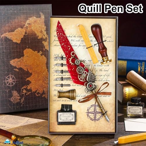 FunBlast Quill Pen and Ink Set - 10 Pcs Antique Calligraphy Feather Pen Set, Feather Pen Ink Set, Vintage Calligraphy Set for Signature & Art (Red) - Image 4