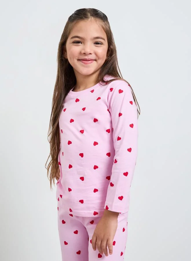 Styli Girls Cotton Heart Print T-Shirt and Pyjama Set