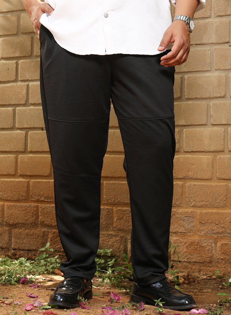 Instafab Plus Men's Midnight Black Panel-Waffle Chino Trousers For Casual Wear | Mid-Rise | Regular Fit | Button Closure | Plus Size Trousers Crafted With Comfort Fit For Everyday Wear - Image 2