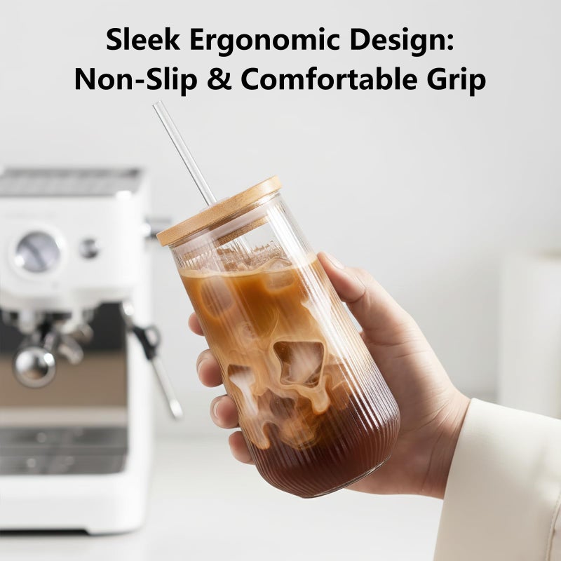 Ruckae Borosilicate Glass Cups with Lids and Straws,16oz Reusable Iced Coffee Cup with Lid Glass Cups 4 Pack for Coffee Bar Accessories,Smoothie,Juice,Durable Clear Tumbler Cups for Home,Office,Travel - Image 3
