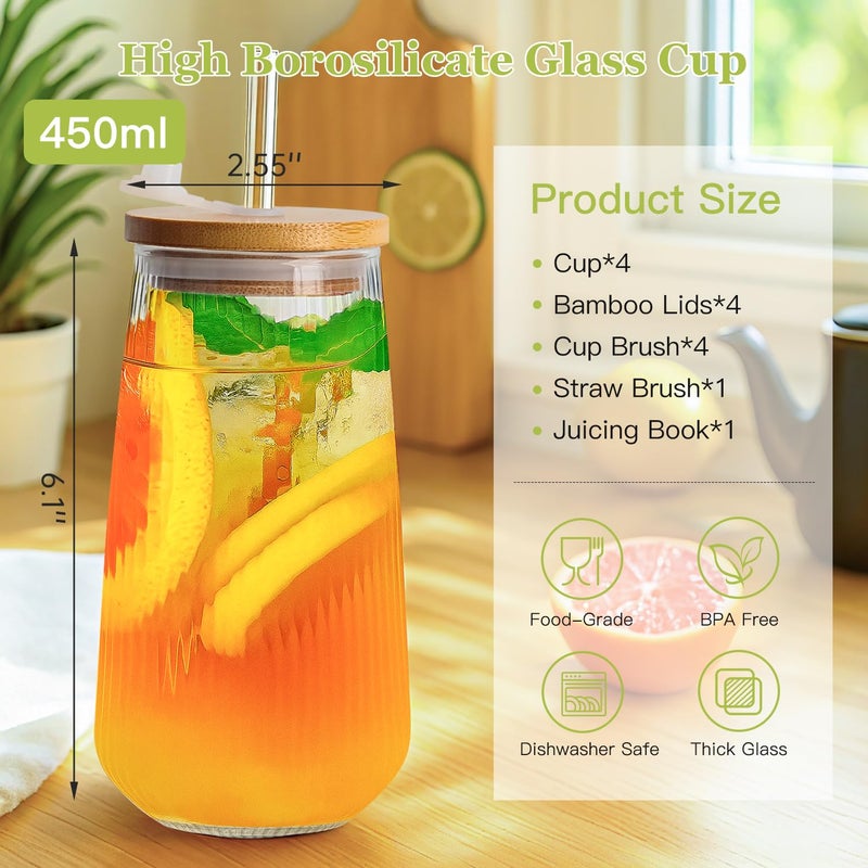 Ruckae Borosilicate Glass Cups with Lids and Straws,16oz Reusable Iced Coffee Cup with Lid Glass Cups 4 Pack for Coffee Bar Accessories,Smoothie,Juice,Durable Clear Tumbler Cups for Home,Office,Travel - Image 4