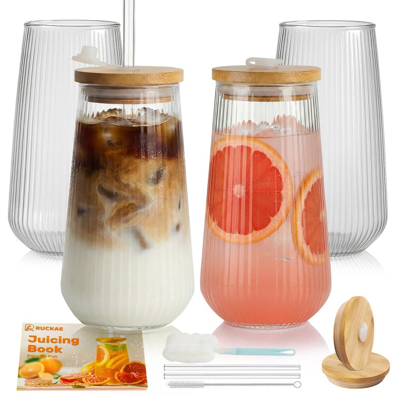 Ruckae Borosilicate Glass Cups with Lids and Straws,16oz Reusable Iced Coffee Cup with Lid Glass Cups 4 Pack for Coffee Bar Accessories,Smoothie,Juice,Durable Clear Tumbler Cups for Home,Office,Travel - Image 1