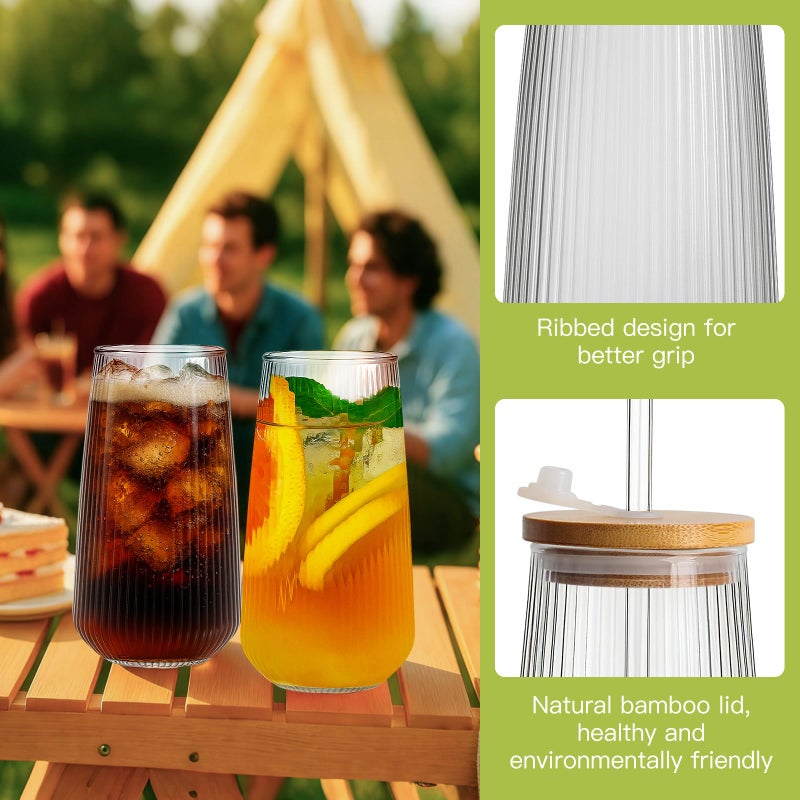 Ruckae Borosilicate Glass Cups with Lids and Straws,16oz Reusable Iced Coffee Cup with Lid Glass Cups 4 Pack for Coffee Bar Accessories,Smoothie,Juice,Durable Clear Tumbler Cups for Home,Office,Travel - Image 5