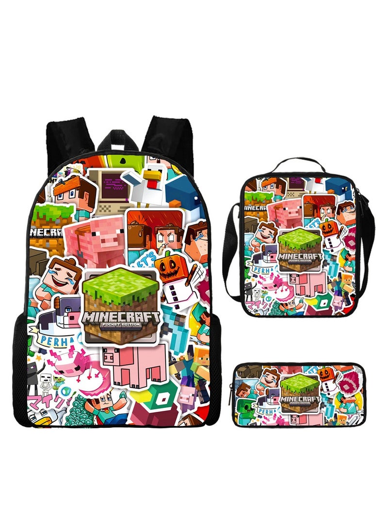MINECRAFT Digital Printing Large Capacity Backpack Three piece Set Lunch Bag Pen Bag Polyester Comfortable Load Reducing Backpack for Students and Children Unisex  - Image 1