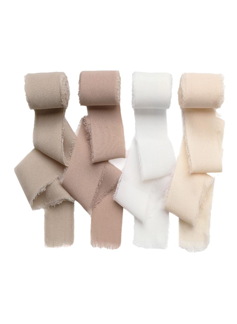 4 Rolls Ribbons Handmade Fringe Chiffon Silk Ribbon 1.5 Inch x 20 Yard Set for Wedding Invitations Bridal Bouquets Gift Wrapping Nude & Cream(1.5 Inch x 5 Yard Each) - Image 1