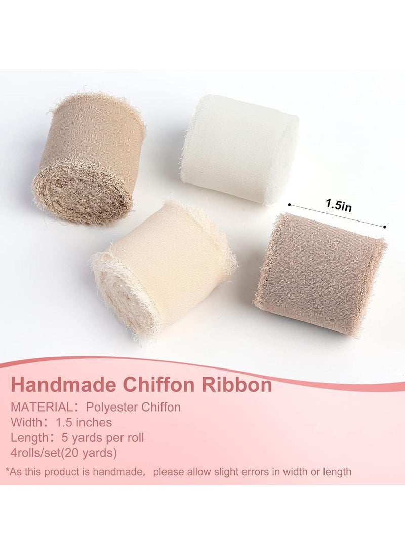 4 Rolls Ribbons Handmade Fringe Chiffon Silk Ribbon 1.5 Inch x 20 Yard Set for Wedding Invitations Bridal Bouquets Gift Wrapping Nude & Cream(1.5 Inch x 5 Yard Each) - Image 2