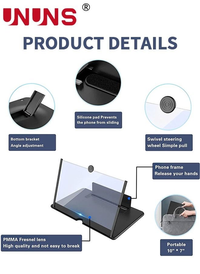 UNUNS - 3D Screen Magnifier,12"Smartphone Screen Magnifier,Foldable HD Mobile Phone Amplifier For Cell Phone With Adjustable Angle,Portable Push Pull Design For All Smartphone-Black - Image 1