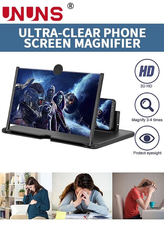 UNUNS - 3D Screen Magnifier,12"Smartphone Screen Magnifier,Foldable HD Mobile Phone Amplifier For Cell Phone With Adjustable Angle,Portable Push Pull Design For All Smartphone-Black - Image 1