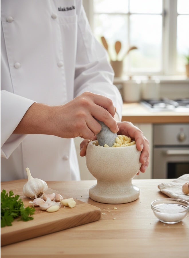 هاون حجري رخامي مع مدقة - مطحنة يدوية ثقيلة الوزن للتوابل والفلفل والثوم والبصل والأعشاب | طقم طحن مطبخ متين - Image 3