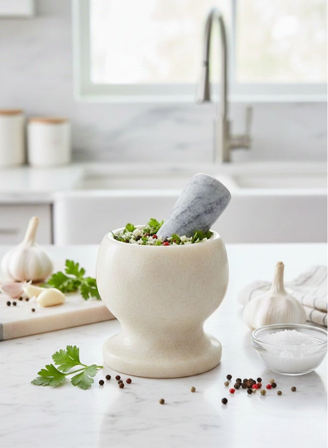 هاون حجري رخامي مع مدقة - مطحنة يدوية ثقيلة الوزن للتوابل والفلفل والثوم والبصل والأعشاب | طقم طحن مطبخ متين - Image 4