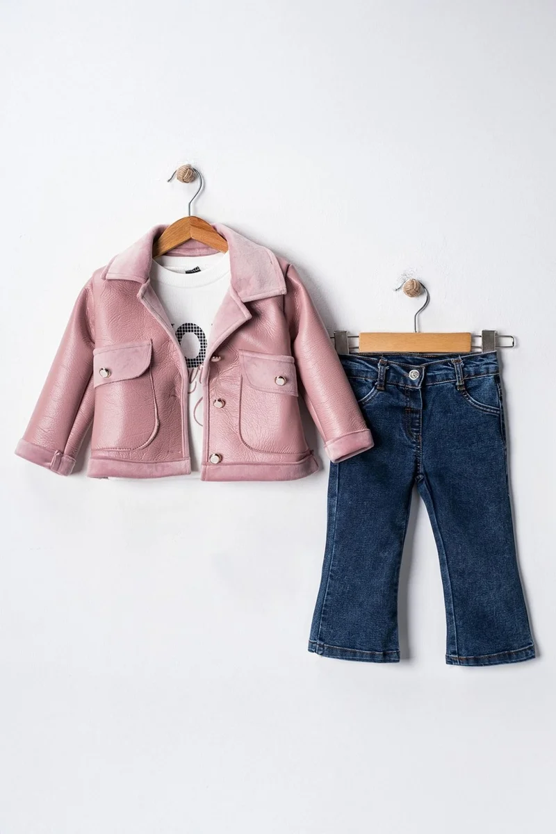 Miniğimin Cicileri My Little Ones Leather Coat Girl 3-Piece Set - Pink